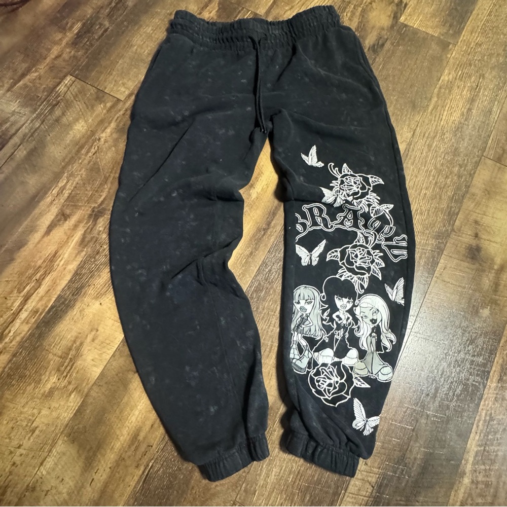 VINTAGE BRATZ Black Jogger Sweatpants Black WASH Graphic Leg Drawstring Medium